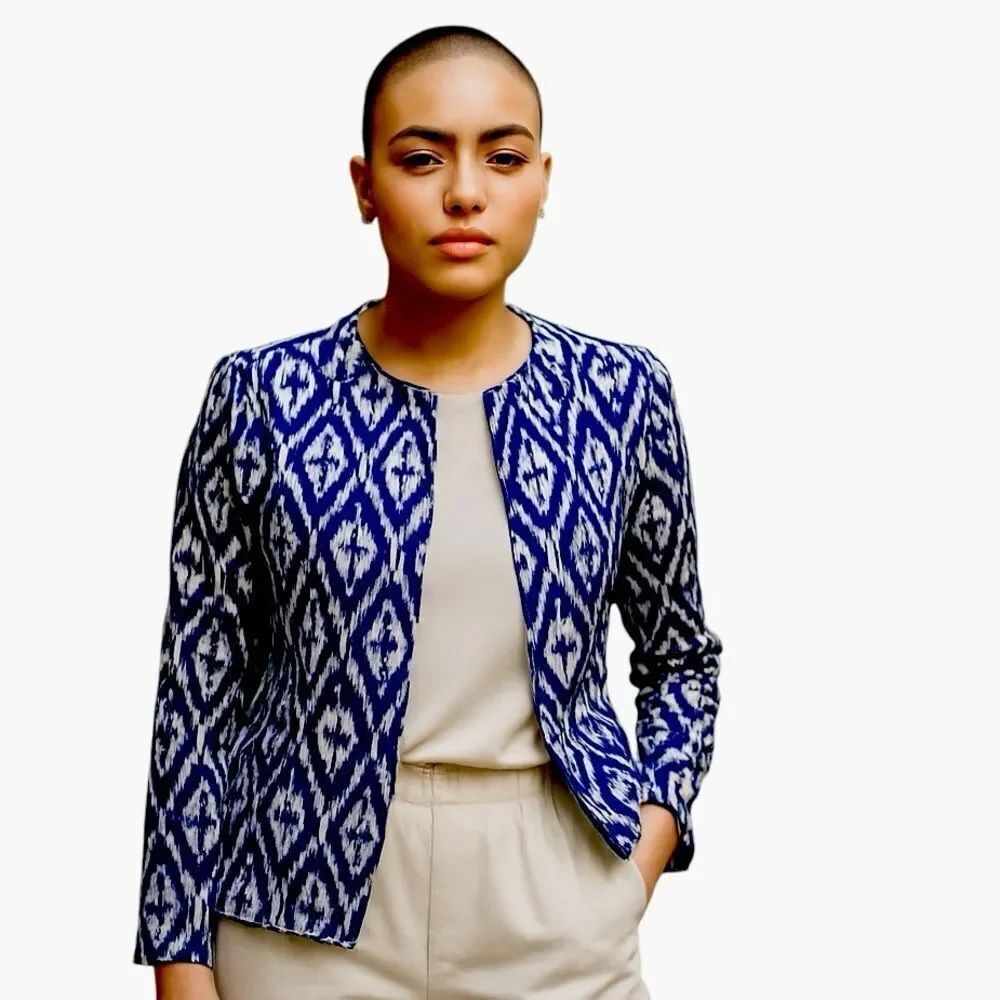 Chico's Women's Purple Ahite Print Open Front Jacket With Pockets Sz Small (0)